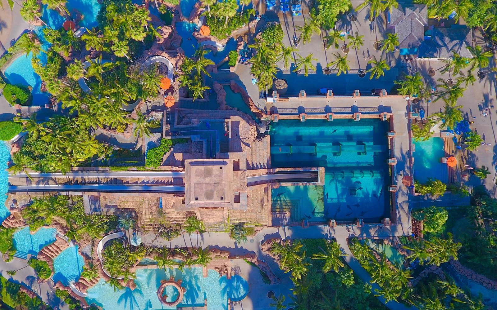 Aquaventure from the air: the Mayan Temple slides, a mile-long river ride, and a lagoon stocked with sharks and rays