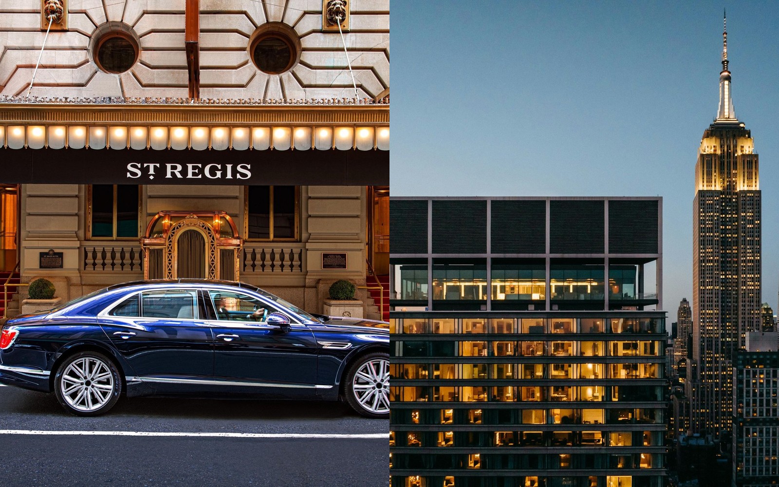 Two ways to spend the same holiday week: left, the entrance of The St. Regis New York on Fifth Avenue; right, The Ritz-Carlton New York, NoMad at dusk beside the Empire State Building