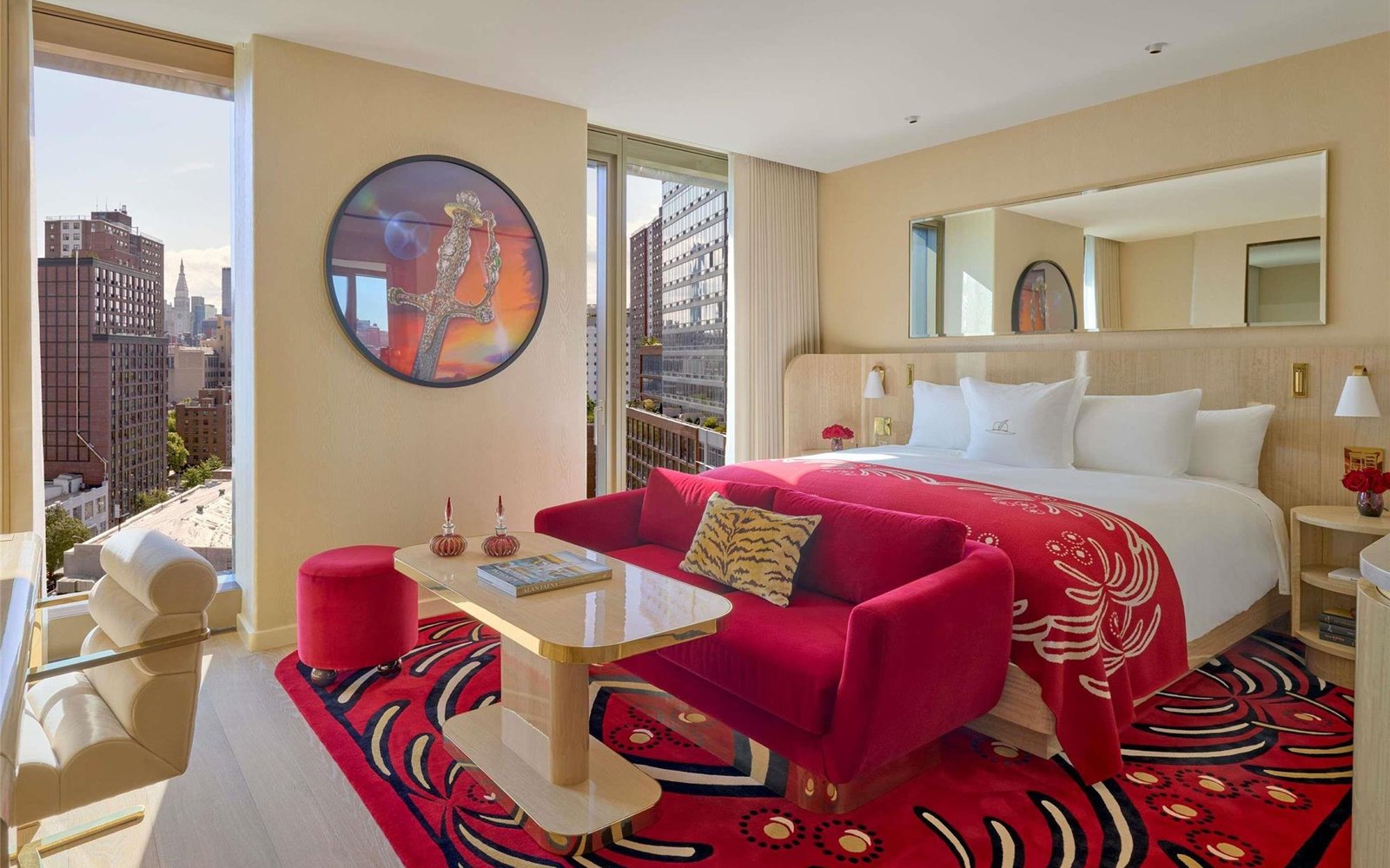 West Chelsea rooftops and the Empire State Building from a guest room; entry and High Line rooms are both 400 square feet