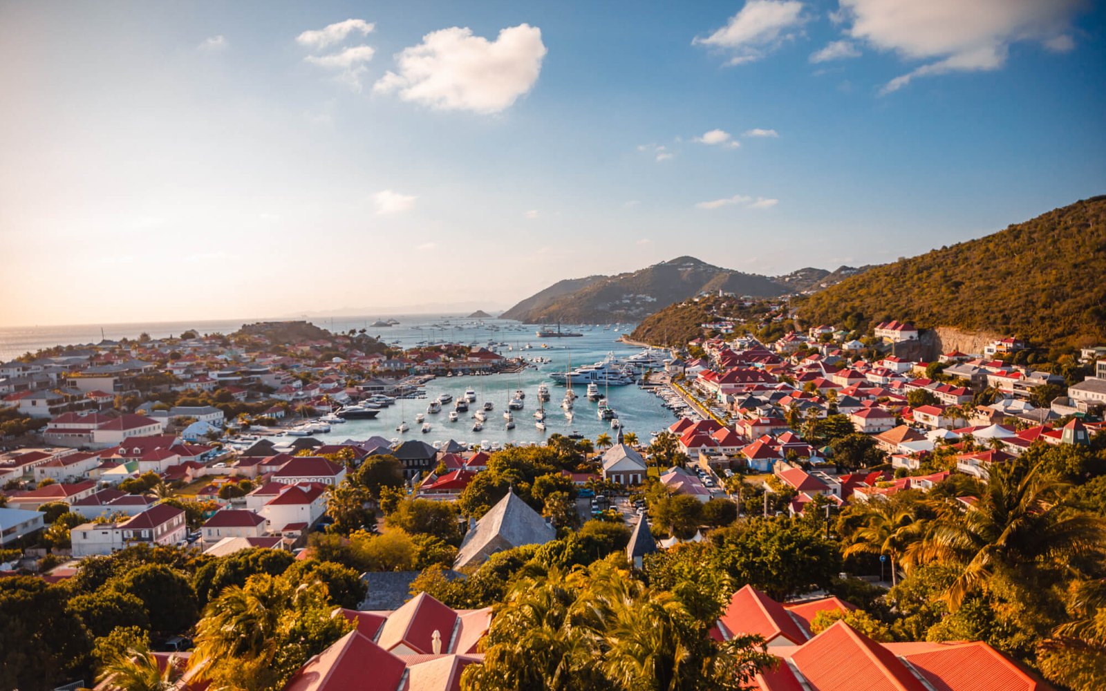 Gustavia from above: red roofs and palms in the foreground, the harbour packed with sailboats and yachts