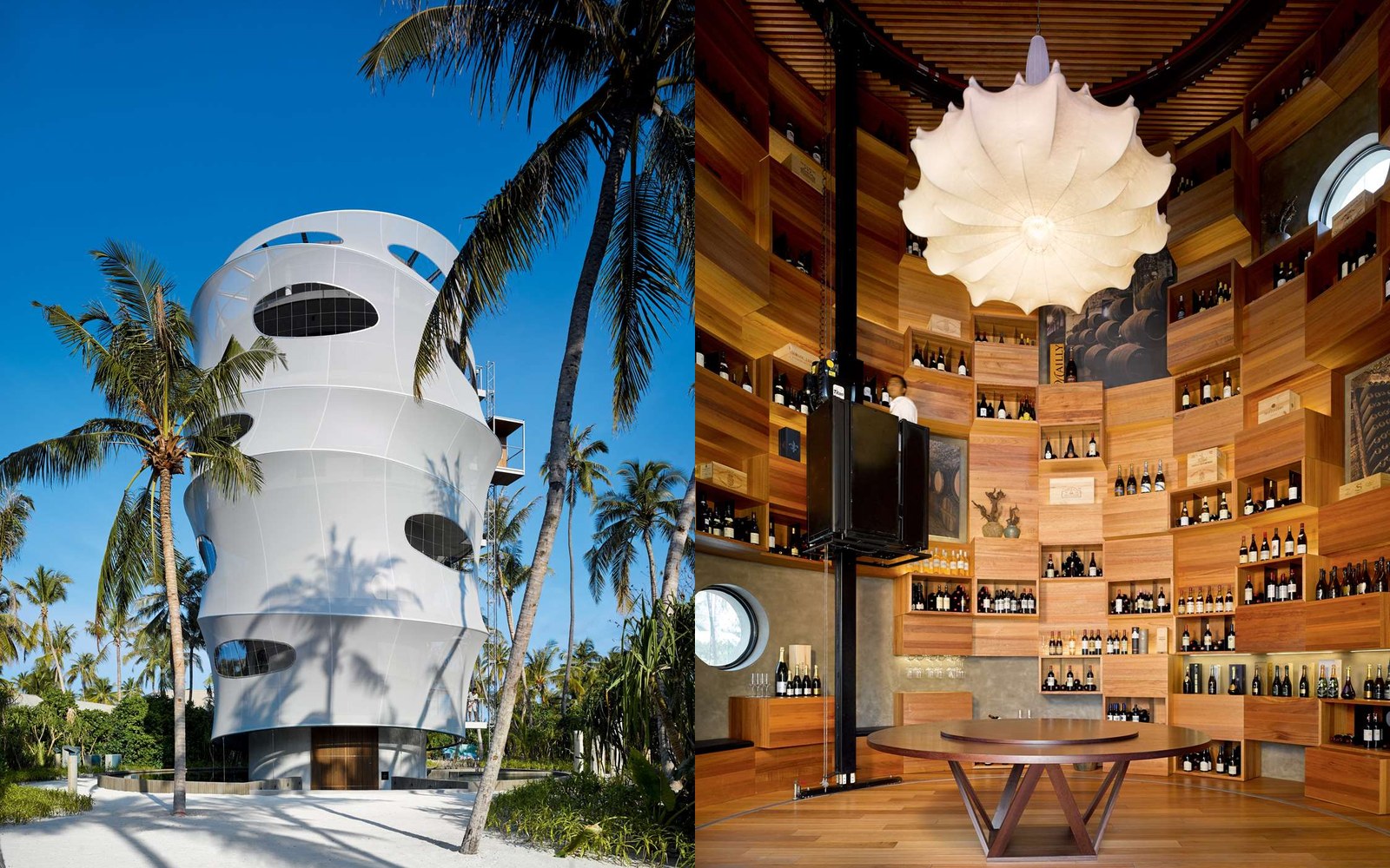 Left: the Tavaru tower, a teppanyaki room in the sky. Right: the cellar inside it, a circular wooden room the resort calls the largest private wine cellar in the Maldives